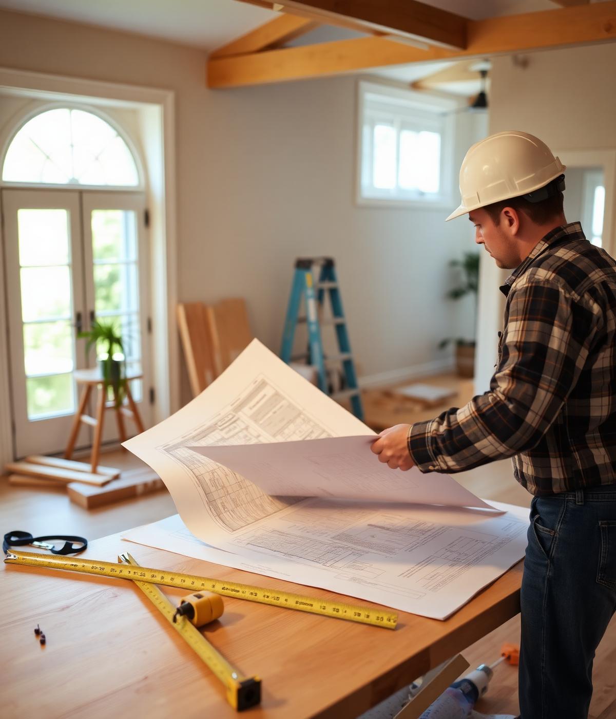 Entrepreneur en rénovation consultant des plans dans une résidence