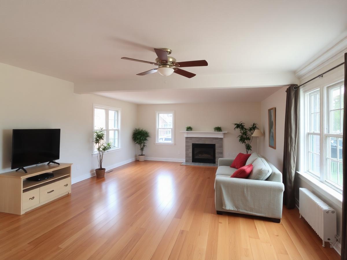 Salon rénové avec plancher de bois